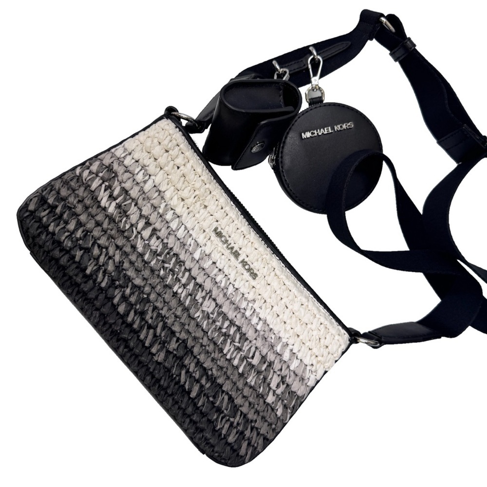Michael Kors Jet Set Straw Black and White Ombre Woven Crossbody Bag